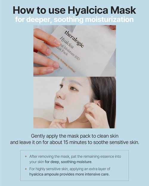 theralogic Hyalcica Total Moisture 10D Mask - Vegan Korean Moisturizing Face Mask Sheet with 10 Hyaluronic Acid and Cica - Non Sticky Refreshing - Derma Tested, 10 Sheets
