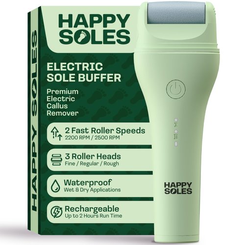 HAPPY SOLES Electric Sole Buffer Foot Callus Remover - Rechargeable Electric Foot File for Dead Dry Skin - Professional Pedicure Tool - Smooth Cracked Heels & Calloused Feet - Ultimate Self-Care Tool