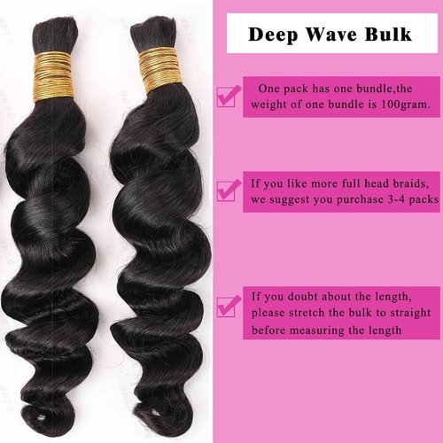 Misoun Brazilian Loose Deep Wave Human Hair Bulk no Weft for Braiding Loose Deep Wave Human Braiding Hair 16inch Human Hair Bundle for Boho Braids Nature Black (1Pack-one Bundle-100g)