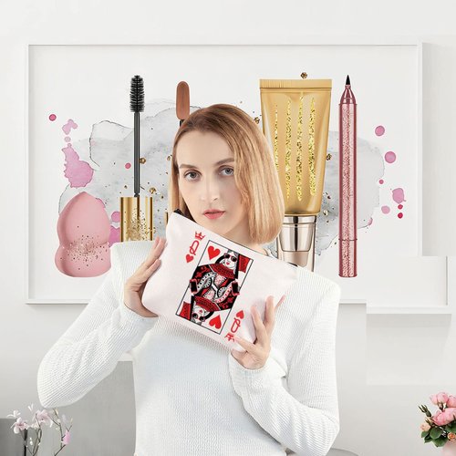 LEVLO Queen of Hearts Cosmetic Make Up Bag King and Queen Gift Blackjack Cards Poker Makeup Zipper Pouch Bag(Queen of Hearts Bag)