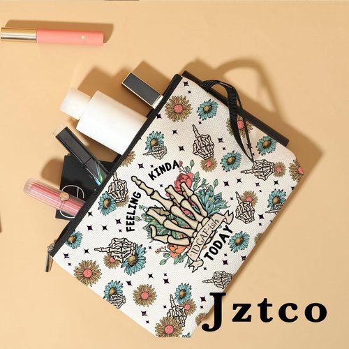 Jztco Skeleton Funny Makeup Bag Skull Gifts for Women Female Her Mom Wife Best Friend Daughter Aunt Niece Humor Sarcastic Toiletry Bag Mothers Day Graduation Birthday Gifts Floral Cosmetic Bag
