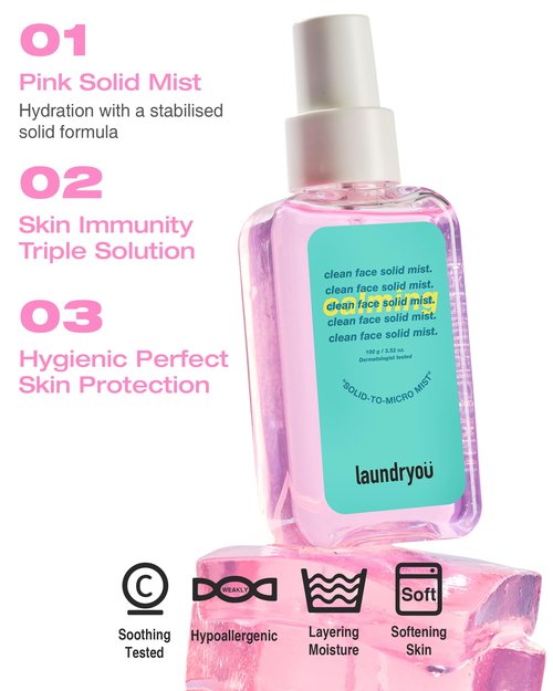 LAUNDRYOU Clean Face Solid Mist - Calming, Hydrating, and Moisturizing Gel-To-Mist Dermatologist Tested Hypoallergenic Facial Spray for Redness Relief and Soothing Irritated Skin - (3.38 fl. oz.)