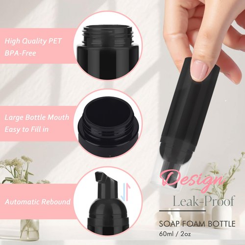 Foam Pump Bottle 2Pcs Travel Lash Shampoo Bottle, Empty Portable Refillable Mousse Foam Soap Dispenser for Hand Soap, Lash Cleanser, Shampoo, Face Wash, Cosmetics (Black, 2oz/60ml)