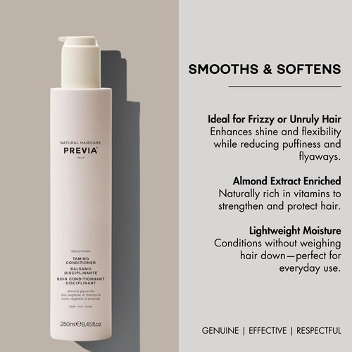 PREVIA Smoothing Taming Conditioner | Anti-Frizz Deep Conditioning with Almond Extract | Vegan, Sulfate-Free, Hydrating Formula for Soft, Manageable Hair & Frizz Control - 8.45 oz