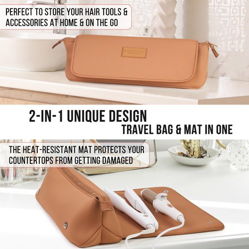 BAREFOOT CARIBOU Hair Tools Travel Bag and Heat Resistant Mat for Flat Irons, Straighteners, Curling Iron, and Haircare Accessories, 2-in-1 design, with Interior Pockets, Portable Organizer (Brown)