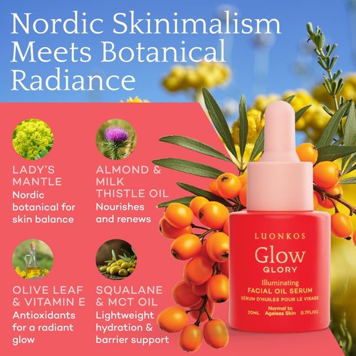 LUONKOS Glory Face Serum, Oil-Based Alternative to Vitamin C Facial Serum- Fast Absorbing Serum with Vitamin E, Almond Oil, Squalane, Rose Extracts - For Normal to Ageless Skin - 20ml