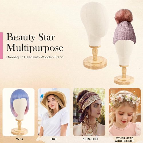 Beauty Star Wig Stand, 22inch Mannequin Head for Wigs with Detachable Strong Wood Base, Canvas Block Wig Head Holder Rack Ideal for Hair Styling, Display Hats, Wig Making, Headdress