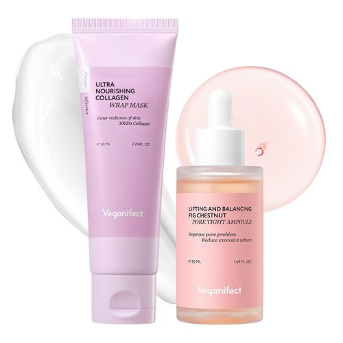 VEGANIFECT Deep Pore Minimizing Duo, Collagen Overnight Wrapping Mask & Pore Refining Ampoule, Tightens and Minimizes for Glass Skin