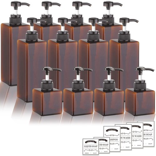 Amorettise 12 Pack Shampoo and Conditioner Dispenser Bottles, 8 Pack 22 Oz and 4 Pack 8 Oz Refillable Square Plastic Pump Bottles, Shower Soap Dispenser for Shampoo Conditioner Body Wash (Amber)