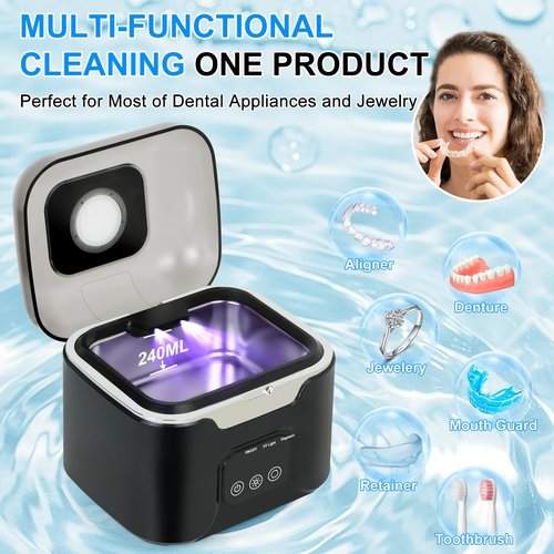 PIGETALE Ultrasonic Retainer Cleaner, 48kHz Sonic Denture Cleaner Machine, 24W Dental Cleaning Pod for Dentures, Night Mouth Guards, Jewelry, Aligner, Braces, 240ML, 3 Cleaning Modes, Digital Timer