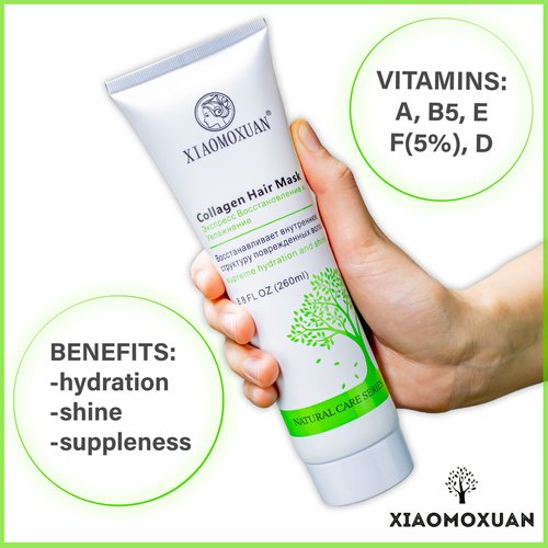Xiaomoxuan Organic Collagen Mask for Dry Damaged Hair - Natural Deep Conditioning Hair Moisturizer with Tea Tree Oil - Split End Repair Treatment Masque, 8.8 Fl Oz