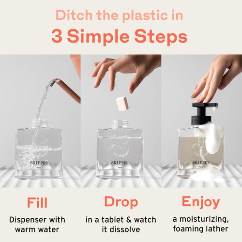 Tirtyl Skipper Hand Wash Duo Kit Glass - 2 Glass Foaming Dispensers + 6 Tablet Refills (6x 8 fl oz bottles of soap) + 1 Storage Tin - Variety Fragrances