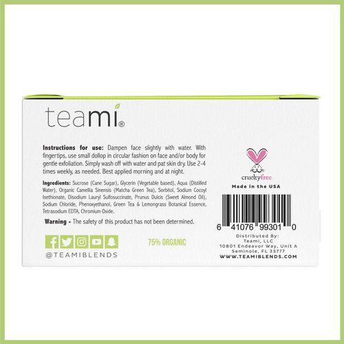 Teami Matcha Green Tea Facial Scrub For Hydrating, Moisturizing, and Exfoliating, Natural Exfoliating Body & Organic Face Exfoliator Sugar Scrub with Lemongrass, Non-Greasy Face Exfoliant