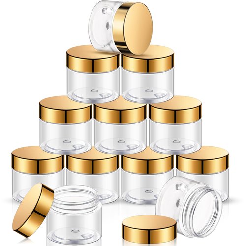 SATINIOR 12 Pack 16 oz Plastic Container Jars with Lids Round Clear Travel Cosmetic Container Slime Jars for Toiletries, Lotion, Cream, Ointments, Makeup, Rhinestone, Samples, Kitchen Storage(Gold)