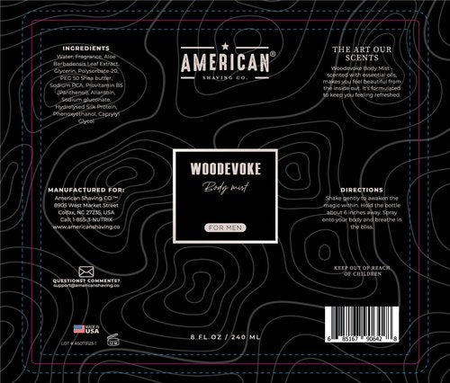 American Shaving Co. Woodevoke Body Mist For Men 8 oz, Made in USA, Quick Absorption, Quality Potent Ingredients, Long-Lasting, Non-GMO, GMP Certified, Cruelty-Free Products