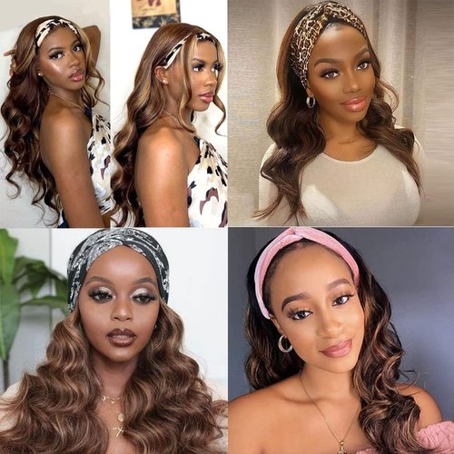 Ombre Headband Wig Human Hair #4/27 Highlight Body Wave Headband Wig 16 Inch Glueless None Lace Front Wig Brazilian Virgin Human Hair Wigs for Black Women Wear and Go Wig 150% Density