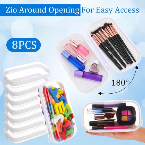 Hokoad 8Pcs Clear Hard Shell Zipper Case, Transparent Hard Plastic Zipper Pouches, Portable Travel Storage Organizer Bins, Hard Plastic Case for Toy Cosmetics Snacks Toiletry (S: 7.8 x 4.3 x 2 Inch)