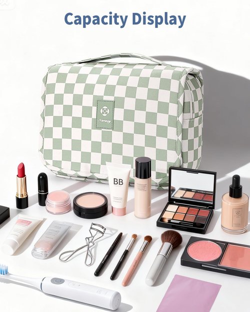 Narwey Small Hanging Travel Toiletry Bag for Traveling Women, Checkered Travel Bag for Toiletries, Makeup Bag Organizer Make Up Cosmetic Bags (Mint Green Checkerboard)
