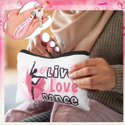 Kacctyen 20 Pcs Dance Gifts Bulk Dance Makeup Bag for Women Ballet Dancer Cosmetic Bag and Silicone Quote Keychains Stuff Class Prizes Party Favor Back to School Gift for Team