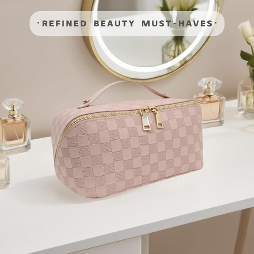 JINYIBAGS Travel Makeup Bag – Large Cosmetic Organizer with Waterproof PU Leather, Smooth Double Zipper & Tear-Resistant Lining, Toiletry Pouch for Women (Pink)