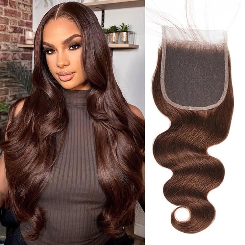 Brown Closure 4x4 Human Hair #4 Chocolate Closure Transparent Lace Front Body Wave Pre Plucked Baby Hair High Density 100% Unprocessed Brazilian Virgin Human Hair 18 Inch