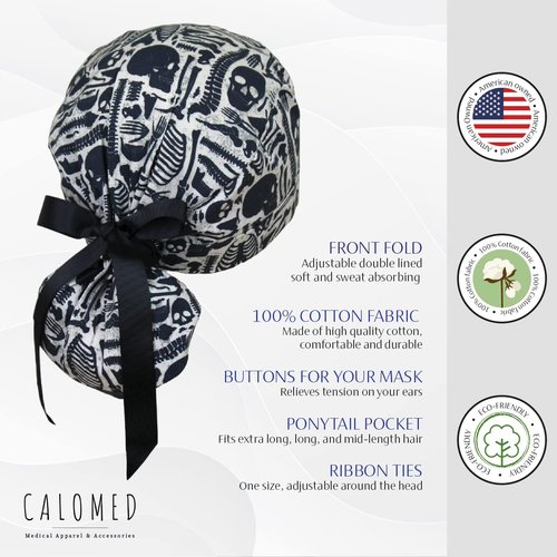 CALOMED Scrub Cap for Women and Men, Ponytail Scrub Caps, Working Hat, Head Cover with Ribbon Ties and Buttons, Long Hair (Vintage Skeleton)