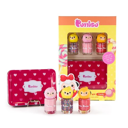 Puttisu 3-Color Nail Art kit non-toxic water-based peel-off kids nail polish gift set (Candy)