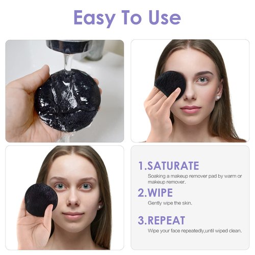 SUNLAND Reusable Makeup Remover Pads for Face,Eye,Lips 32 Pack Microfiber Face Cleansing Gloves Washable with Laundry Bag and Travel Bag Rounds Toner Pads（Round 3.15inchx32,Black）