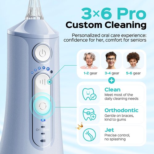 COSLUS Portable Water Flosser for Teeth: 3 Modes & 6 Pressure Settings with Jet Mode Water Dental Pick for Orthodontic, Braces, Sensitive Gums, Compact for Travel, 300ML for Multiple Users, Blue C51
