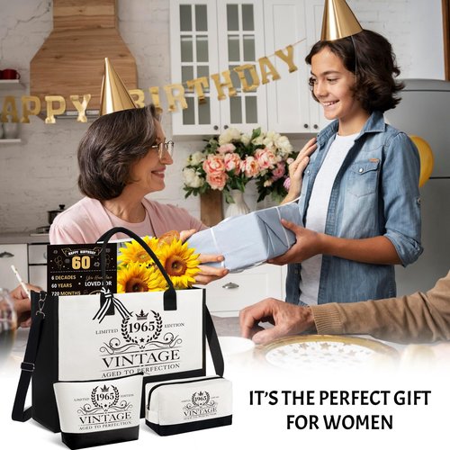 60th Birthday Gifts for Women, Cool Turning Happy 60 Year Old Gifts Ideas for Her Sister Best Friend Wife Daughter, Vintage 1965 Handbag & Cosmetic Bag & Back in 1965 Poster