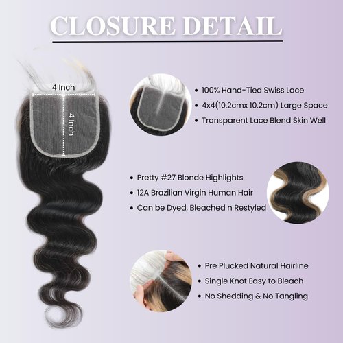AUROO #27 Honey Blonde Highlight 4x4 Lace Closure Only Human Hair Body Wave 16 Inch, 12A 100% Virgin Hair Skunk Stripe HD Transparent Lace Closure Pre Plucked with Baby Hair Ombre Closure 150% Density