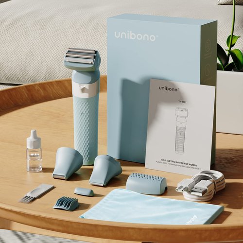 unibono 3-in-1 Electric Razor for Women,Dual-Foil Electric Shaver for Woman Face,Legs,Armpit,Rechargeable Bikini Trimmer,3-,Intimate Shaver with Illumination,Public Hair Trimmer Women (Light Blue)