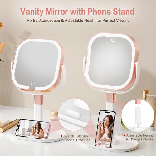 Rosivyphan Makeup Mirror with Lights, 1X/10X Magnifying Vanity Mirror with 3 Colors, 2000mAh Rechargeable Double Sided Magnifying Mirror, Height Brightness Adjustable, 360° Rotation Vanity