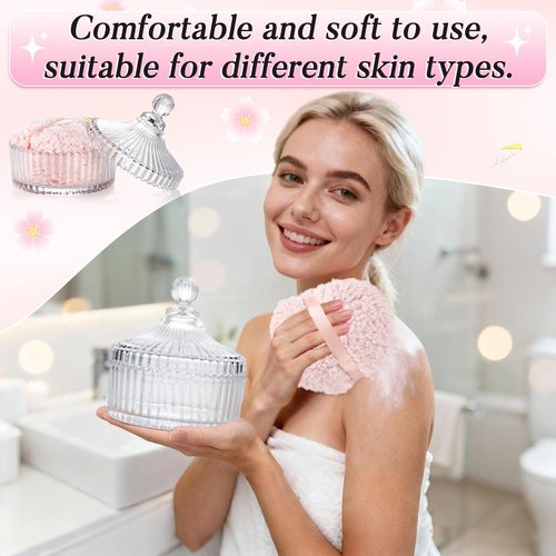 XIEJ 4 Pcs 6 In Extra Large Body Powder Puff and Container,Glass Candy Dish with Lid, Suitable for Both Dry and Wet Use, Reusable