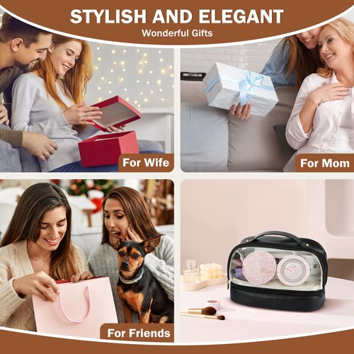Yowivon Black Makeup Bag Organizer Travel Clear Cosmetic Bags for Women, Leather Waterproof Travel Size Skincare Make Up Bag Toiletry Bag, Graduation Birthday Gifts for Women Girls