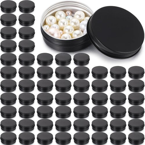 Patelai 64 Pieces Lip Balm Tin Containers Screw Top Round Tin Cans Aluminum Jar with Screw Lid, Empty Bottle Travel Cosmetic Sample Container for DIY(2 oz,Matte Black)