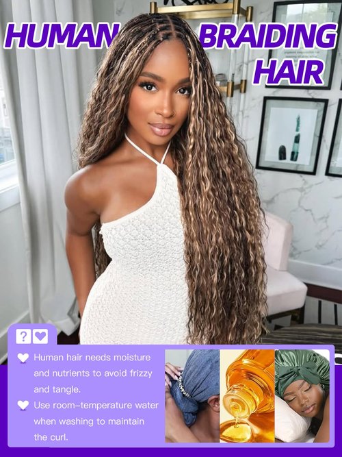 Enaiiby 4/27 Boho Human Hair Braiding Hair Bulk 50g 24 Inch, Deep Wave Ombre Honey Blonde Curly Bundles Human Hair for Boho Knotless Braids, 12A No Weft 100% Unprocessed Brazilian Virgin Hair
