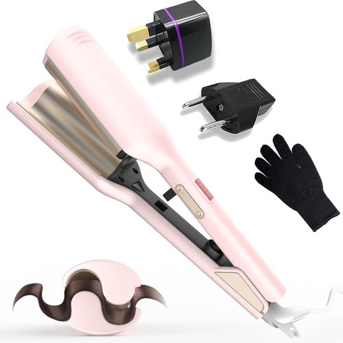 Waver Hair Tool,Mini Waver Curling Iron，Curling Iron Hair Crimper Waver，Ionic Deep Waver Curling Wand with Ceramic 2 Barrel for Women，Double Voltage Included UK/EU Plug, Easy to Use, Pink, 1.25 Inch.