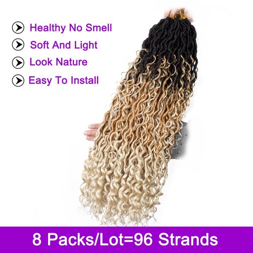 ZRQ 8 Packs 3 Tone Goddess Locs Crochet Hair 30 Inch Ombre Bohemian Locs 1B27613, Long Boho Faux Locs Crochet Braids, Pre Lood River Locs With Curly End 1B27613#