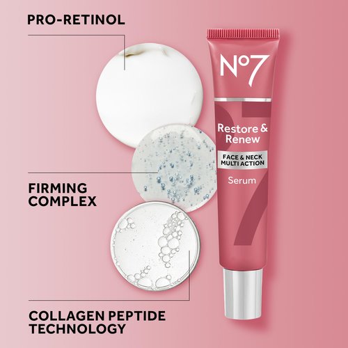 No7 Restore & Renew Multi-Action Face & Neck Serum - Anti Aging Serum for Deep Wrinkle Repair - Collagen Infused Skincare with a Hydrating Blend of Hibiscus Peptides & Hyaluronic Acid (2.5 Fl Oz)