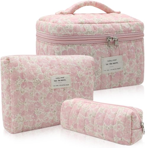Gosect 3pc Makeup Bag Set, Quilted Makeup Bag Set, Large Floral Cosmetic Bag for Women, Cute Cotton Makeup Bags, Flower Travel Toiletry Organizer Bag (Pink Flower)