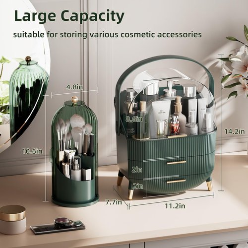 fanado Makeup Organizers Countertop, Makeup organization for Vanity, Cosmetic Storage with Lid and Drawers, Skincare Display Cases with for Desktop, Bathroom (Green)