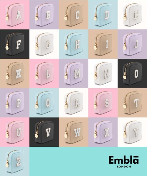 Embla Preppy Makeup Bag Travel Cosmetic Pouch, Cute Make up Case with Personalized Initial, Girls Zipper Pouch Purse Cosmetics Organizer Tote, Waterproof Travel Skincare Makeup Bag, Sky (Letter M)