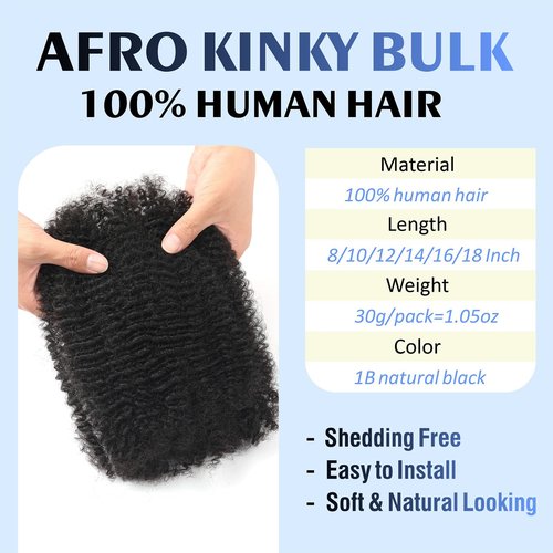 YuDragonFt Afro Kinkys Bulk Human Hair 20-Inch 30g/bundle Natural Black Kinky-Curly Bulk Hair for Dreadlock Extensions Microloc Loc Repair Twist Braids - Bleachable and Dyable (1 B, 20 Inch)