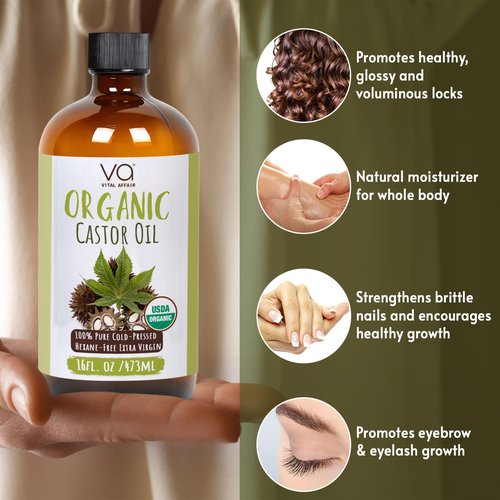 VITAL AFFAIR Pure Castor Oil Organic Cold Pressed Unrefined Glass Bottle-USDA Certified for Castor Oil Pack Wrap for Face,Hair Growth,Eyelashes,Eyebrows-16oz