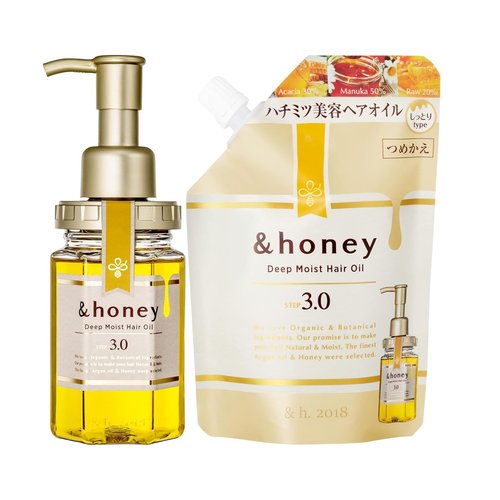&-honey Deep Moist Hair Oil + Refill Set (100ml + 75ml) – Hydrating Hair Treatment for Dry, Frizzy, Curly Hair – Lightweight, Non-Greasy – Eco-Friendly Refill Pouch