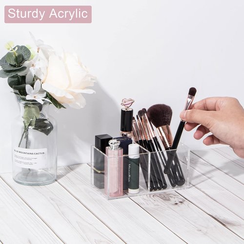 WERADNISH Acrylic Makeup Organizer and Storage, Makeup Brush Holder Organizer 2 Cube Sections, Clear Makeup Cosmetic Lipstick Bin Organizer for Drawer, 5.1'' × 2.6'' × 2.4''