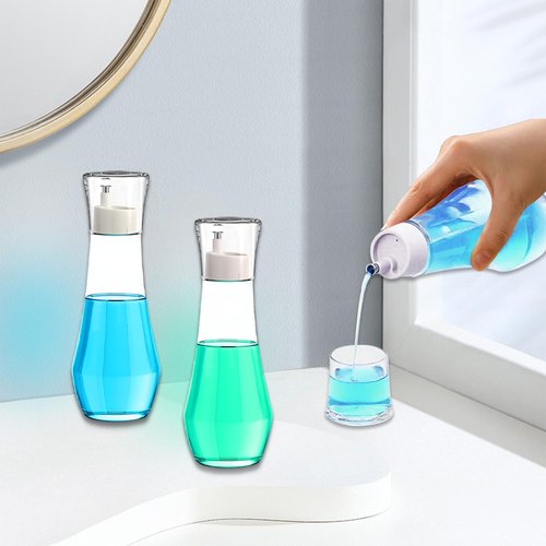 wasungal 2 Pack Glass Mouthwash Dispenser for Bathroom, 9 OZ Refillable Mouth Wash Container with Lid Cup, Small Clear Refillable Mouthwash Bottle for Countertop (2 Pack)