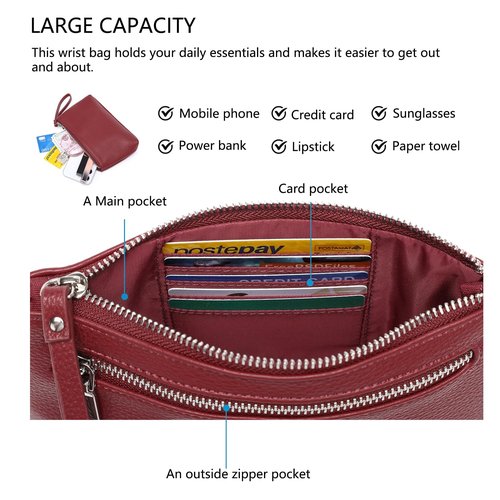 YONBEN PU Wristbands Bag Makeup Pouch for Purse Waterproof Wristbands Bag with Zipper Pocket Credit Card Pouch (Encore Red)