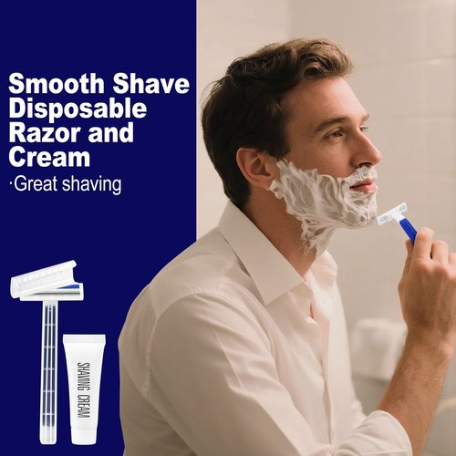 Disposable Razors in Bulk,razors individually wrapped bulk,Twin Blade Razors with Clear Safety Cap and Shaving Cream, Razors For Homeless, Hotel,Air Bnb,Shelter/Homeless/Travel (50 PCS)